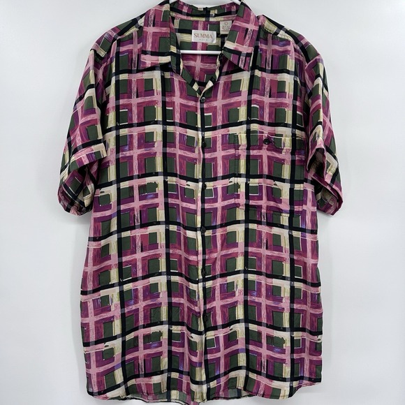 Summa Other - Vintage Summa Mens 100% Silk Button Down‎ Shirt Size L Pink 90s Geometric Retro